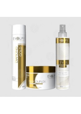 Kit for Dry and Brittle Hair 500ml Shampoo + Duplex Mask 300g + Spray Anti Frizz Home Care Diamond Gold Super X Evolpy Liss